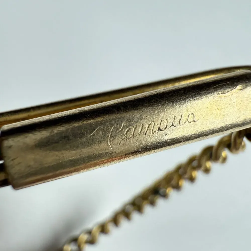 Vintage Campua Gold-Tone Tie Clip with Scenic Inlay Pendant Chain